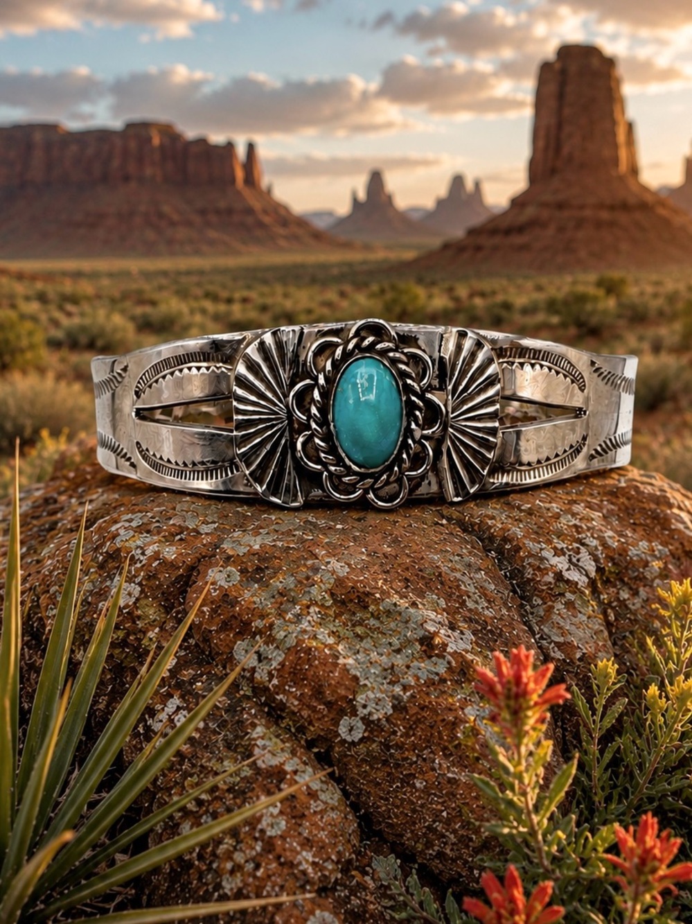 Native American Fred Harvey Sterling Silver Natural Turquoise Cuff Bracelet